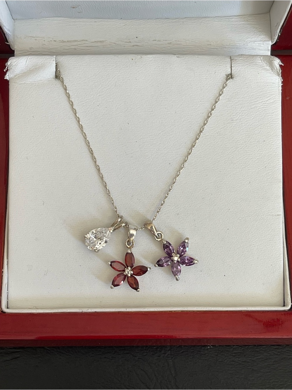 925 Sterling Silver CZ and simulated garnet,Amethyst Floral Pendant Necklace.